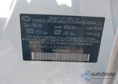 2021 Hyundai Sonata Sel z USA, uszkodzony, nr VIN 5NPEL4JA2MH100752